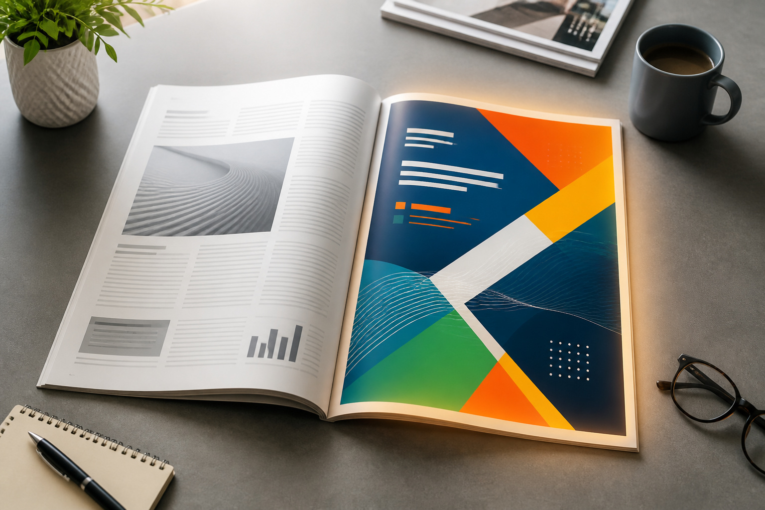 Magazine ouvert avec publicite geometrique