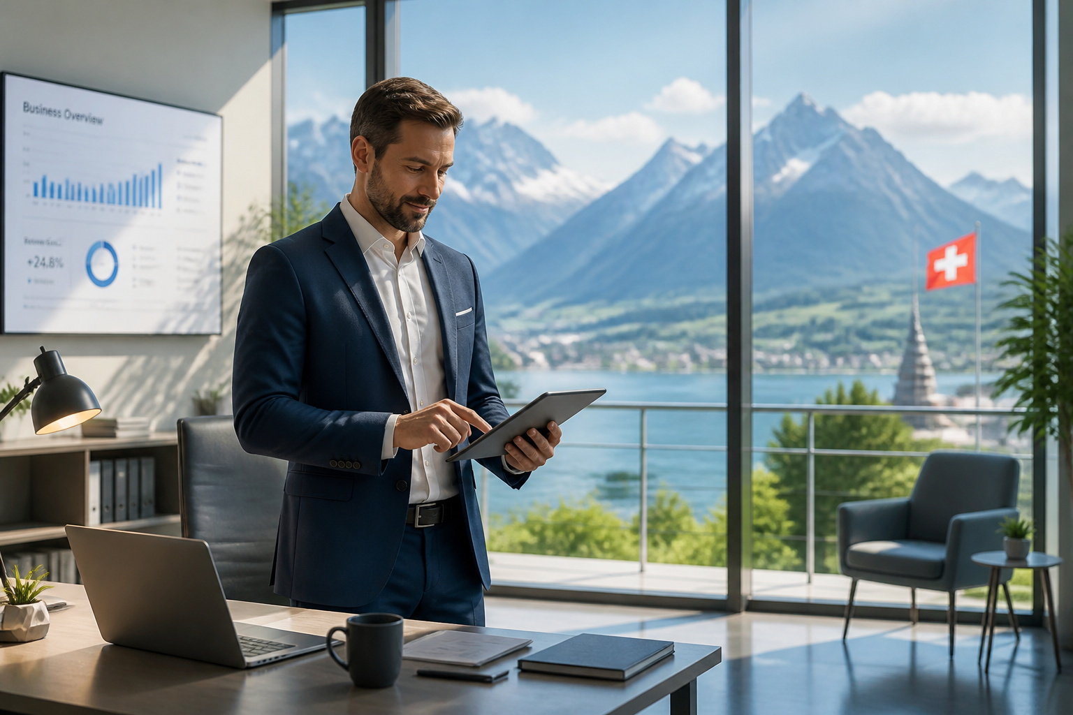 Homme daffaires confiant avec vue sur les alpes