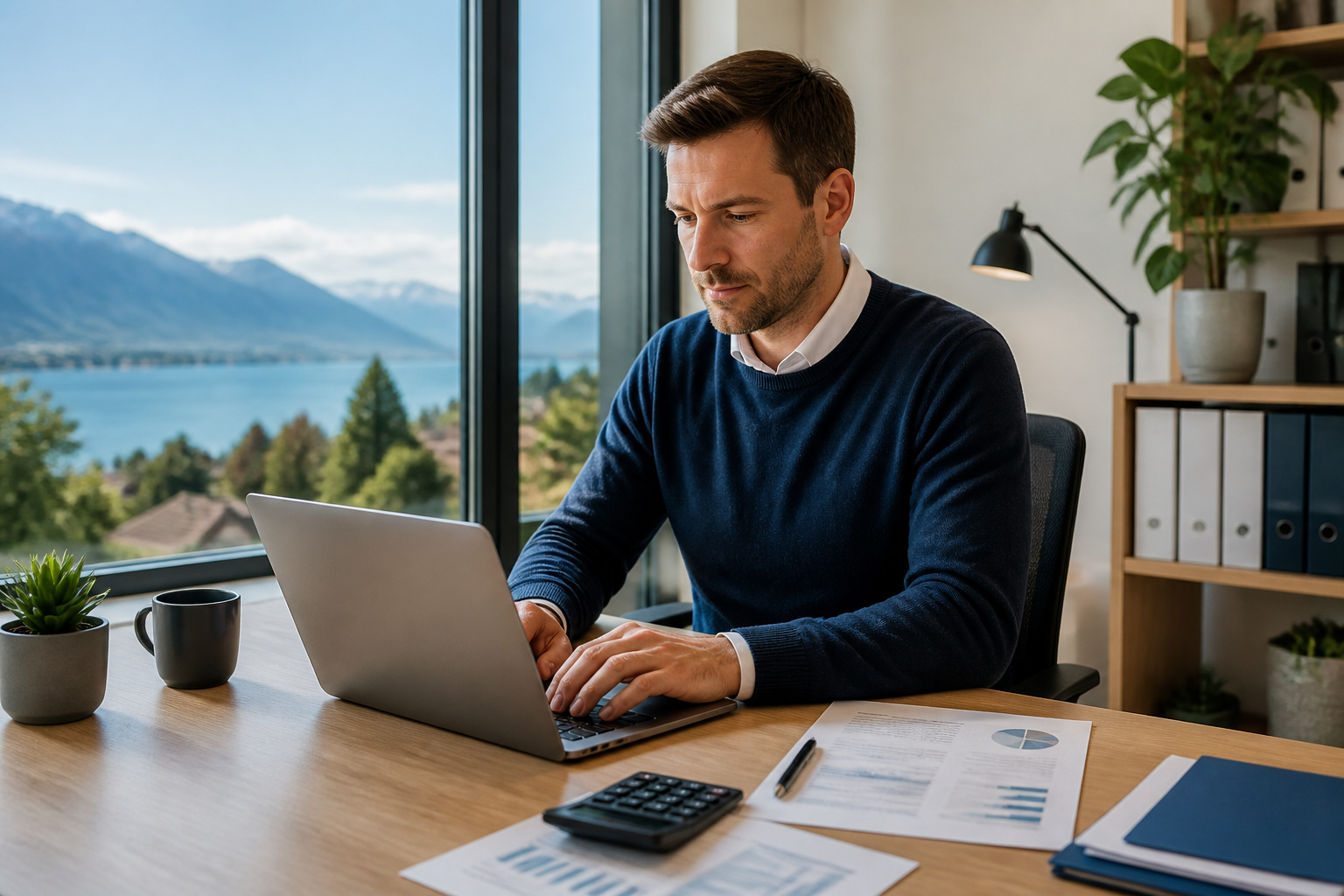 Bureau moderne avec vue sur les alpes