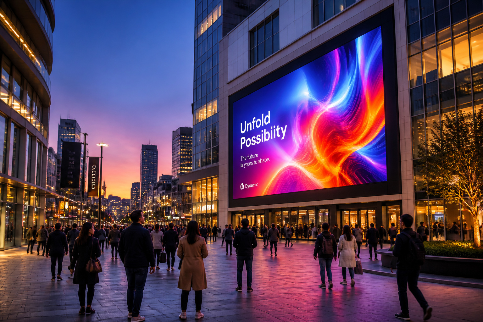 Ecran publicitaire urbain a la tombee de la nuit