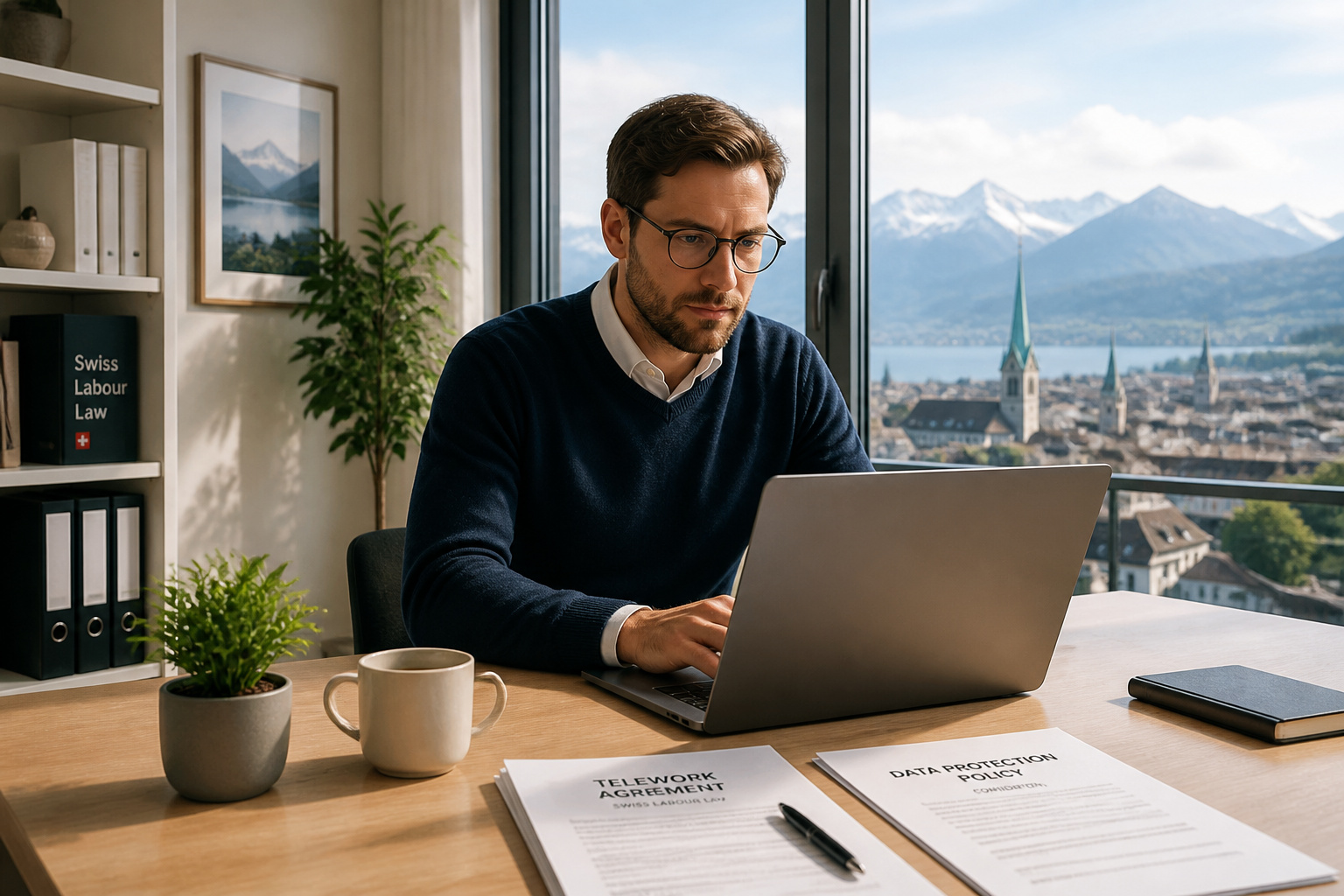 Travailleur a distance avec vue sur la suisse