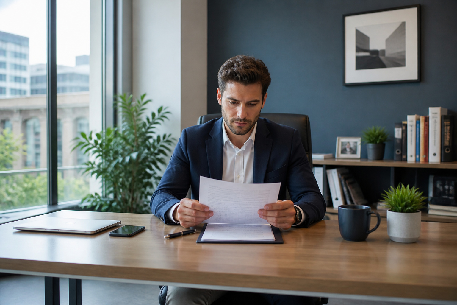 Homme daffaires concentre sur ses documents