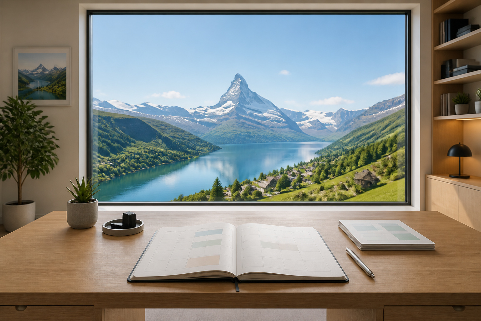Bureau moderne avec vue sur les alpes suisses