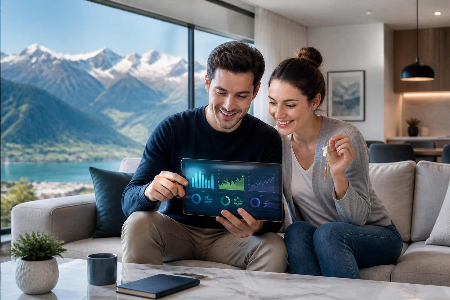 Couple examinant des graphiques financiers sur tablette
