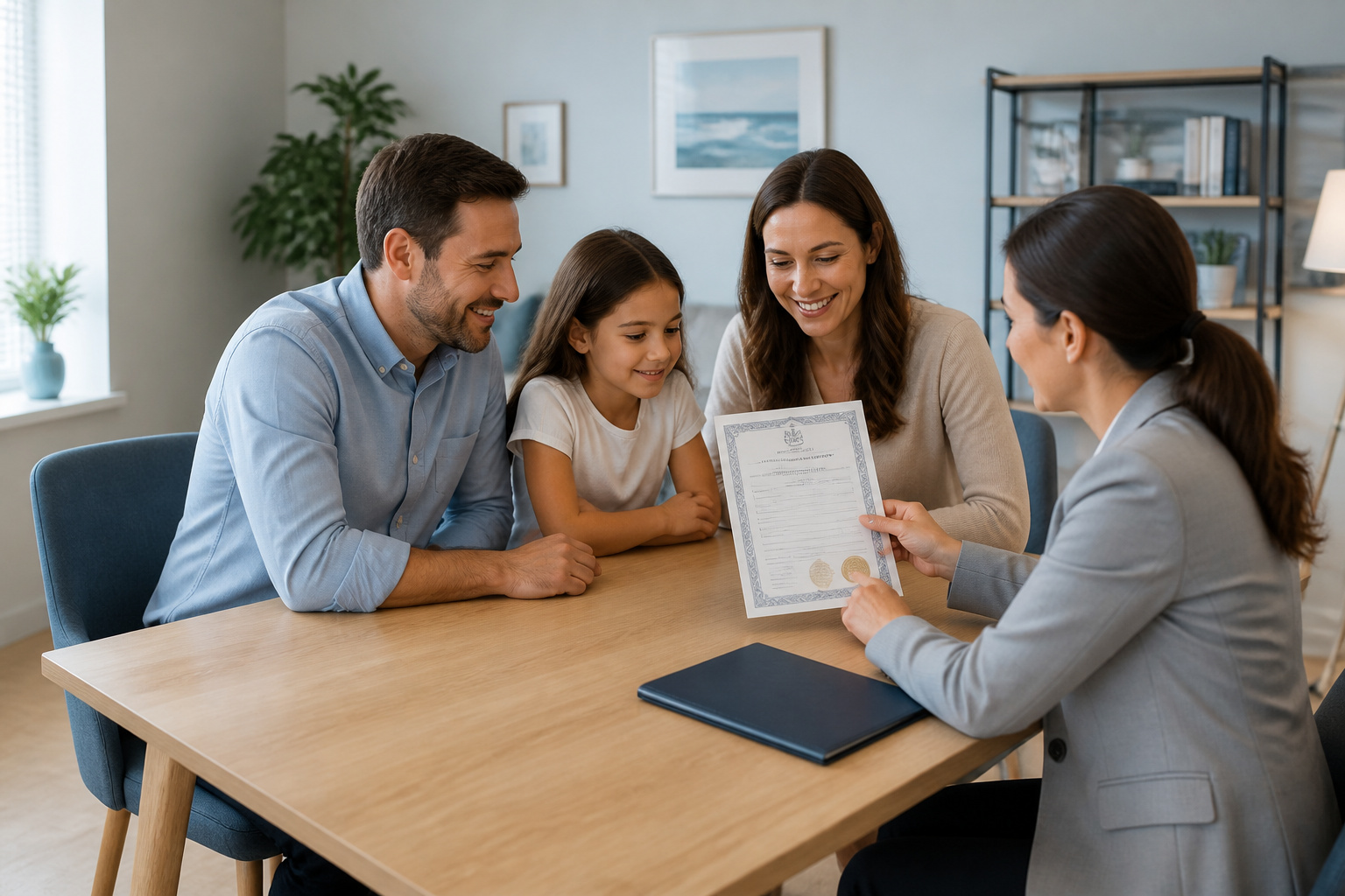 Famille examinant un document officiel