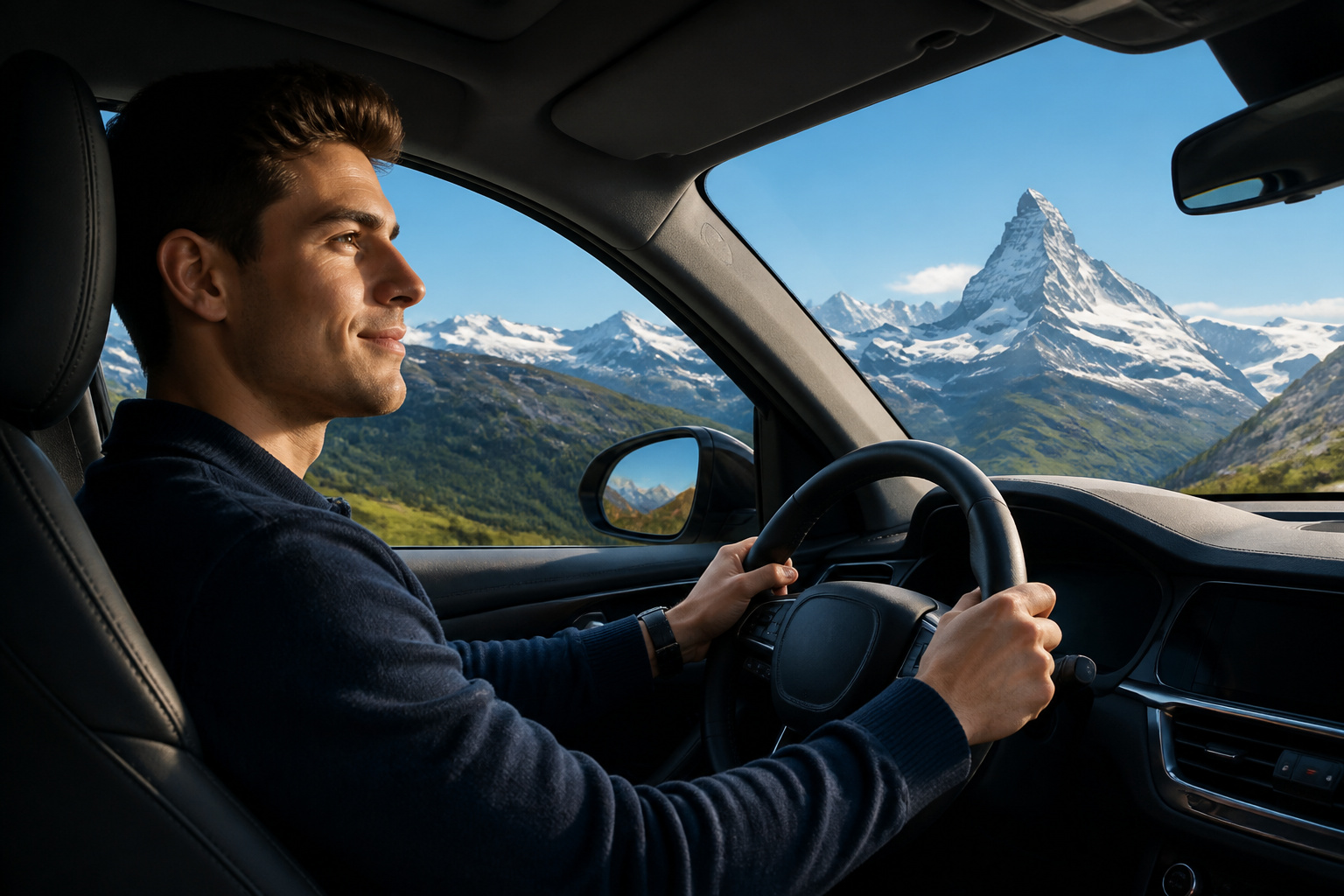 Homme conduisant vers les montagnes suisses