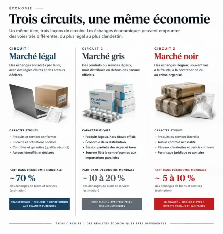 Schéma comparatif du marché noir face au marché légal et au marché gris