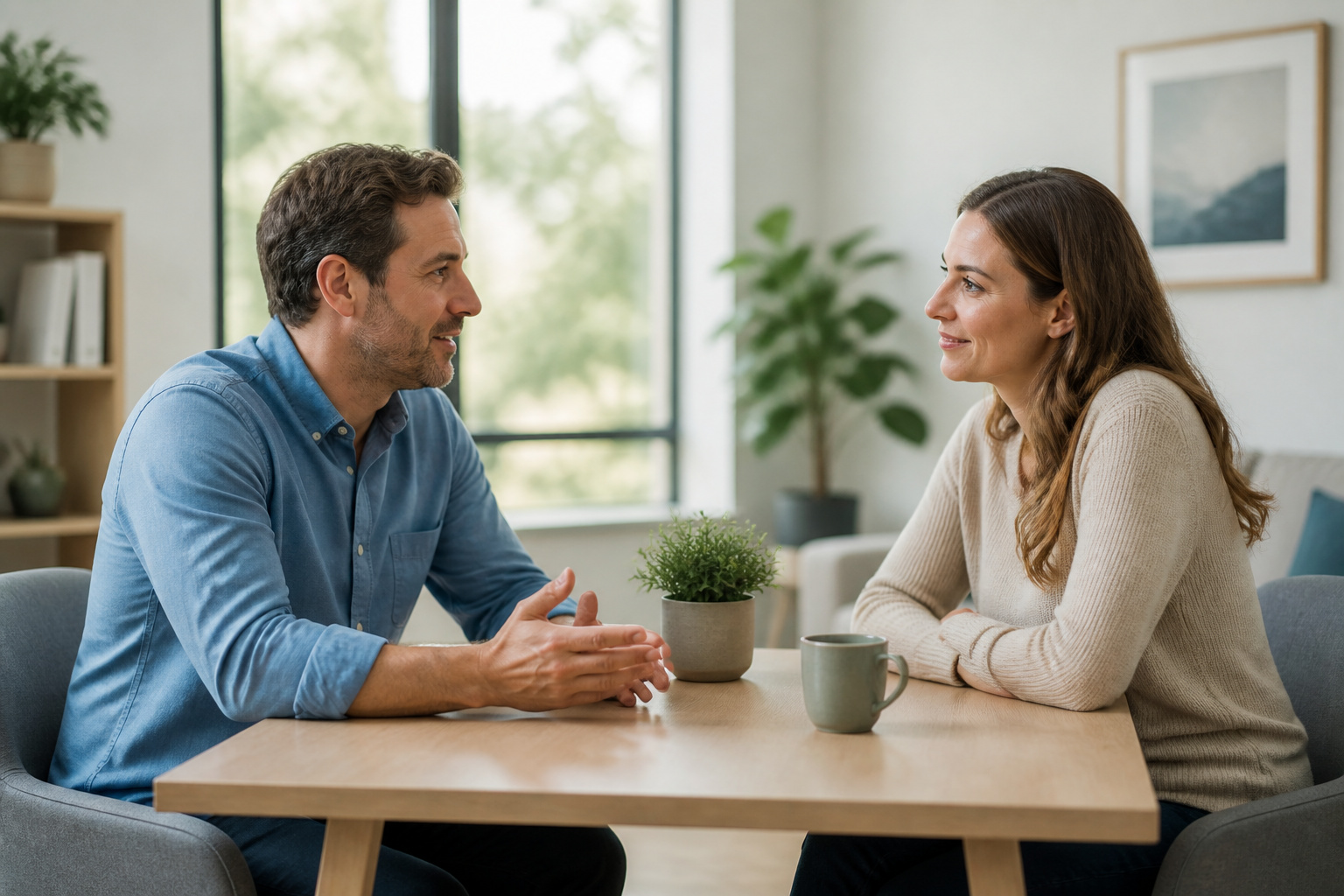 Dialogue bienveillant dans un interieur moderne