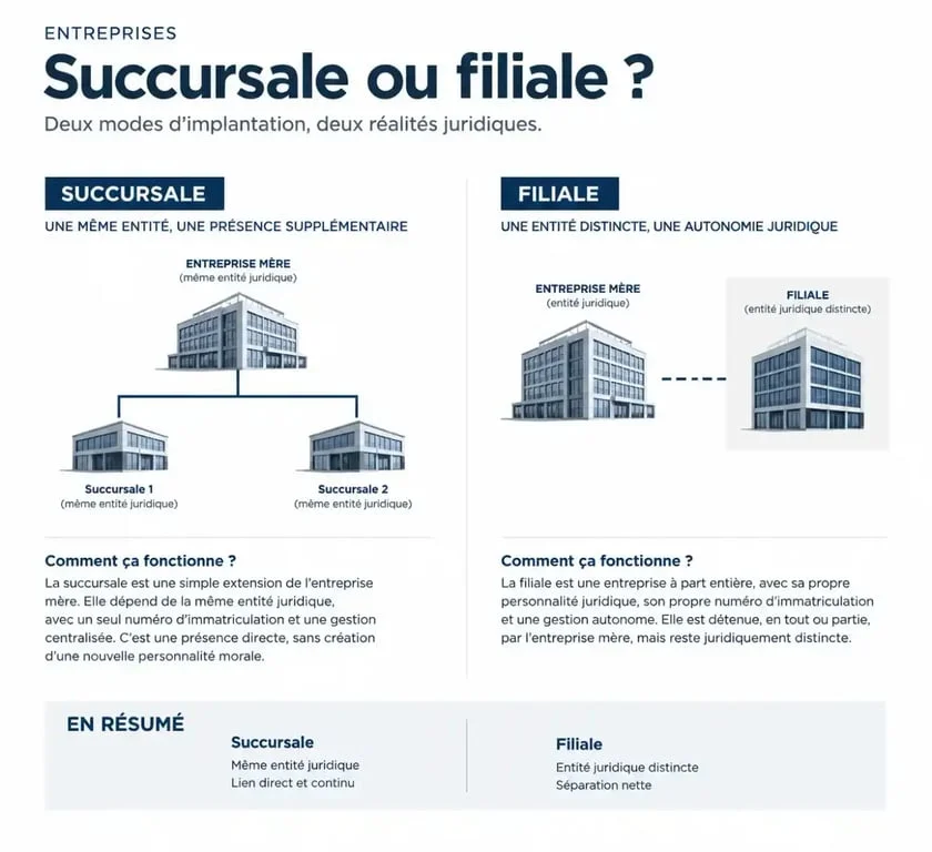 Schéma comparatif succursale et filiale montrant la différence de statut juridique