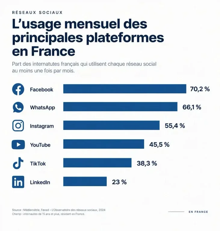 Comparatif des réseaux sociaux les plus utilisés en France par pourcentage d'usage mensuel